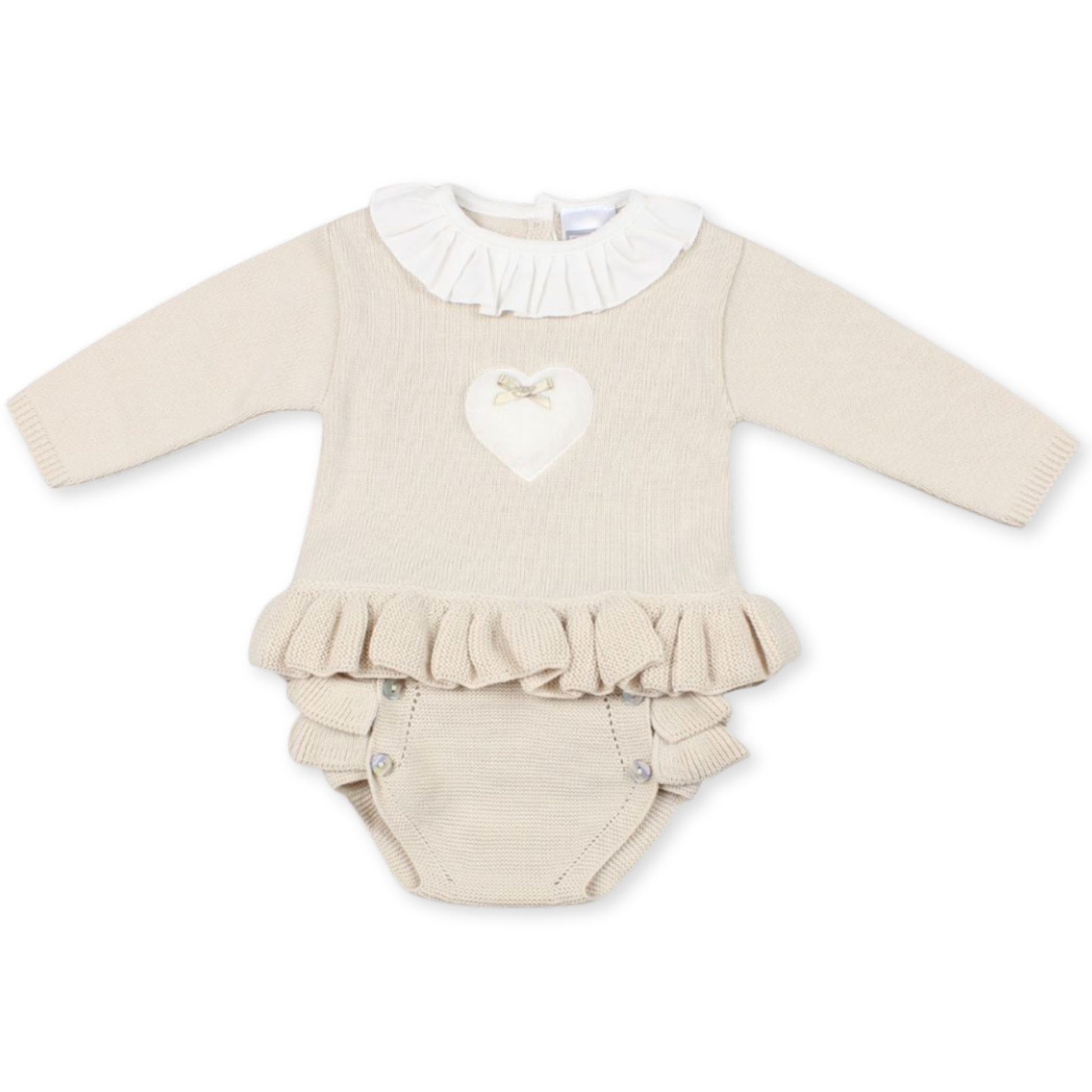 Beige baby romper with ruffled details pex 