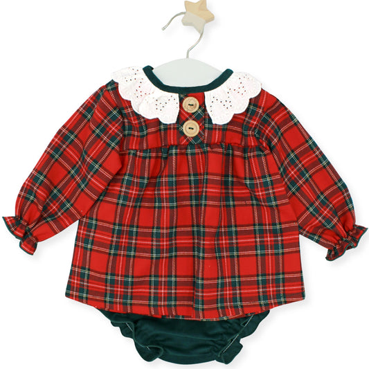 Red tartan baby girl outfit by Rapife with broderie anglaise collar, long sleeves, decorative wooden buttons, and forest green corduroy bloomers — displayed on a hanger.