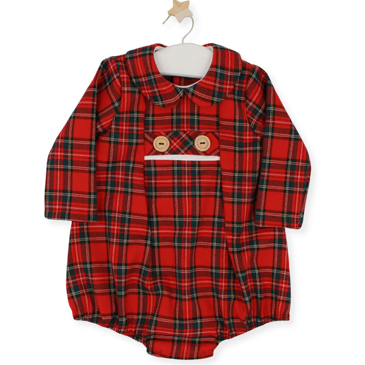 Red tartan baby romper by Rapife featuring a Peter Pan collar, front button detail, and long sleeves — displayed on a hanger with star hook.