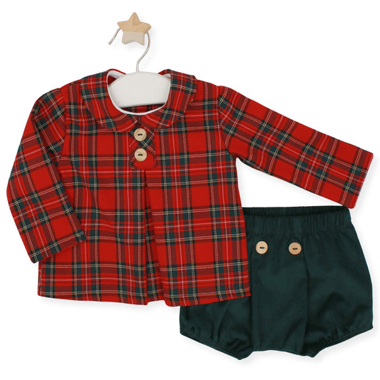 Red plaid shirt with buttons and green bloomers on a white background