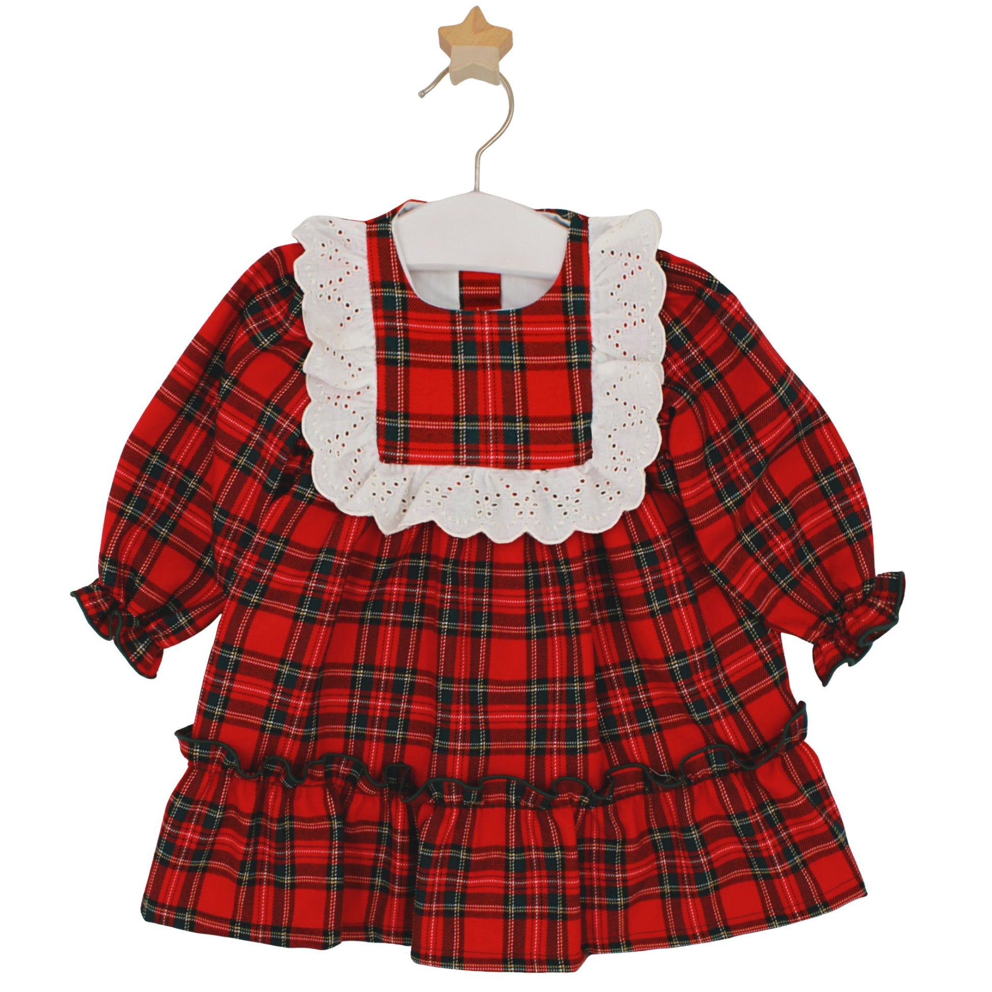 Red plaid dress with white lace collar on a hanger against a white background