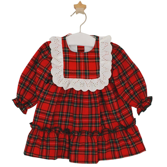 Red plaid dress with white lace collar on a hanger against a white background