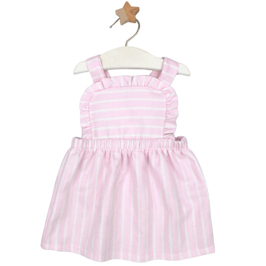Pink and white striped baby pinafore dress with frill trim and wide shoulder straps, displayed on a hanger with wooden star hook.
