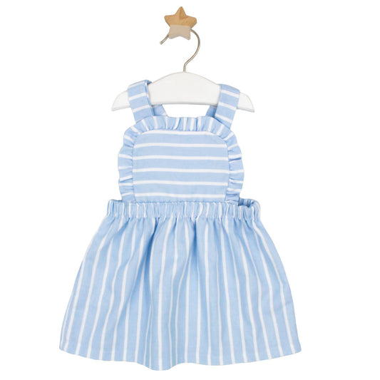 Blue and white striped baby pinafore dress with frill detail and shoulder straps, displayed on a white hanger with wooden star hook.