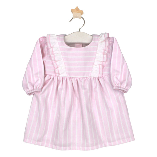 Pink and white striped baby dress with frill detail and bib-style front, displayed on a white hanger with a wooden star hook.
