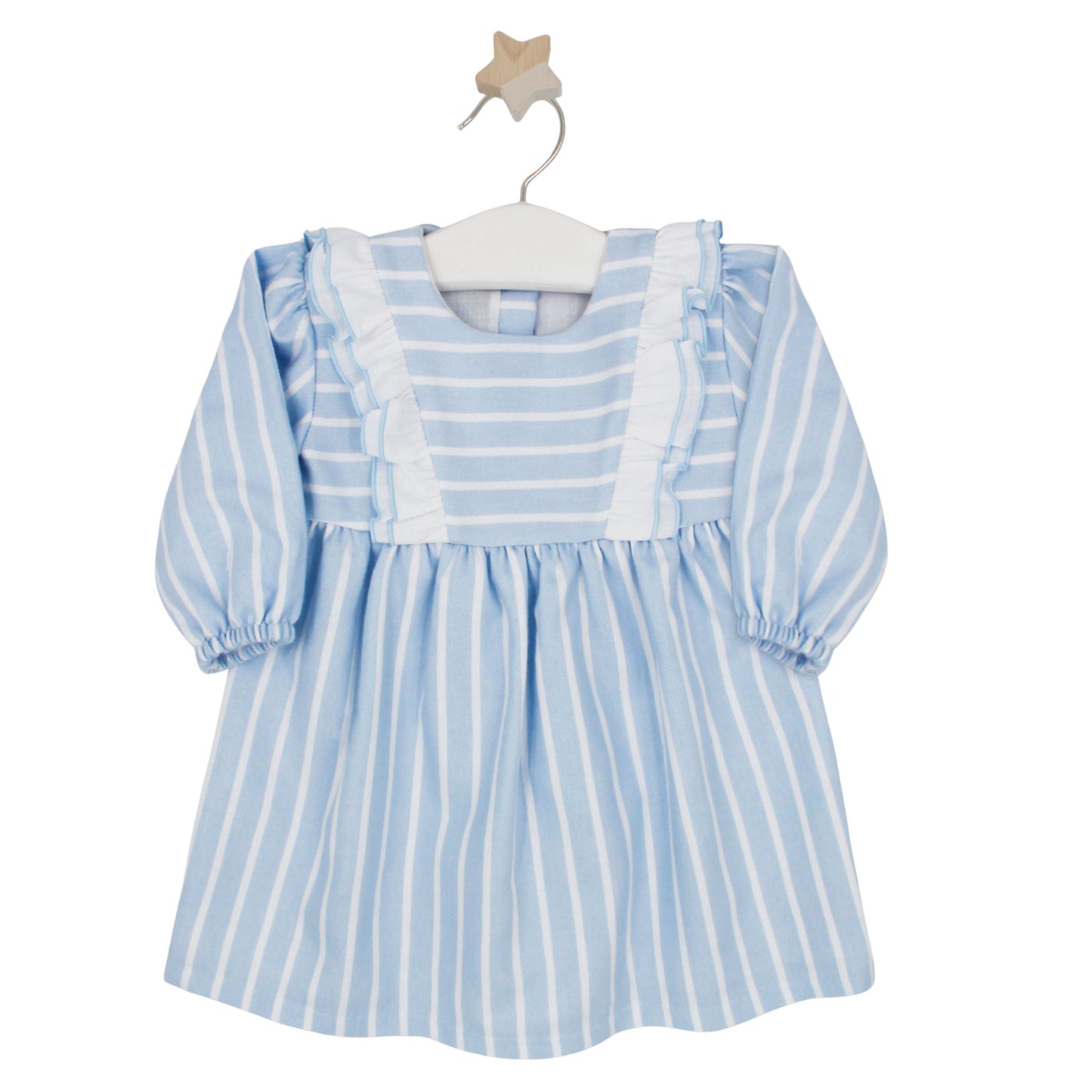 Blue and white striped baby dress with frill detail and horizontal striped bib front, hanging on a white hanger with a wooden star hook.

