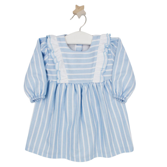 Blue and white striped baby dress with frill detail and horizontal striped bib front, hanging on a white hanger with a wooden star hook.

