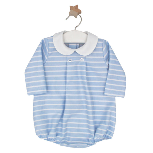 Light blue and white striped baby boy romper with white collar, displayed on a hanger with wooden star hook.

