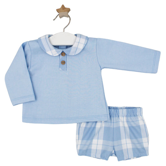 Baby boys’ pale blue long-sleeve top with checked collar and matching blue and white check shorts on hanger.

