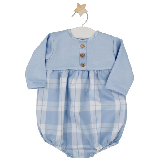 Baby boys' blue long-sleeve romper with wooden buttons and blue check bottom on hanger.

