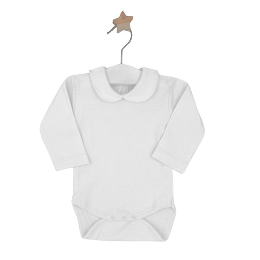 White baby bodysuit with a collar on a white background