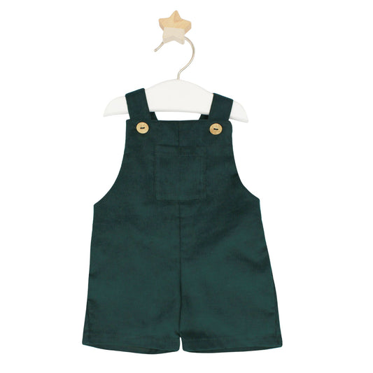 Green overalls on a white hanger with a white background