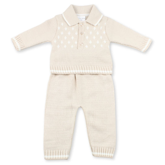 Beige-colored knitted baby outfit with a shirt and pants on a white background