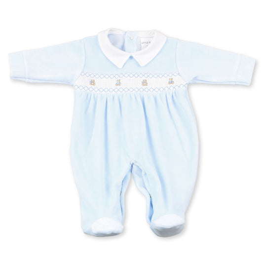 Light blue baby romper with white collar on a white background