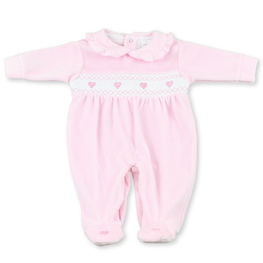 baby girls velour sleep suit little nosh with embroidered hearts