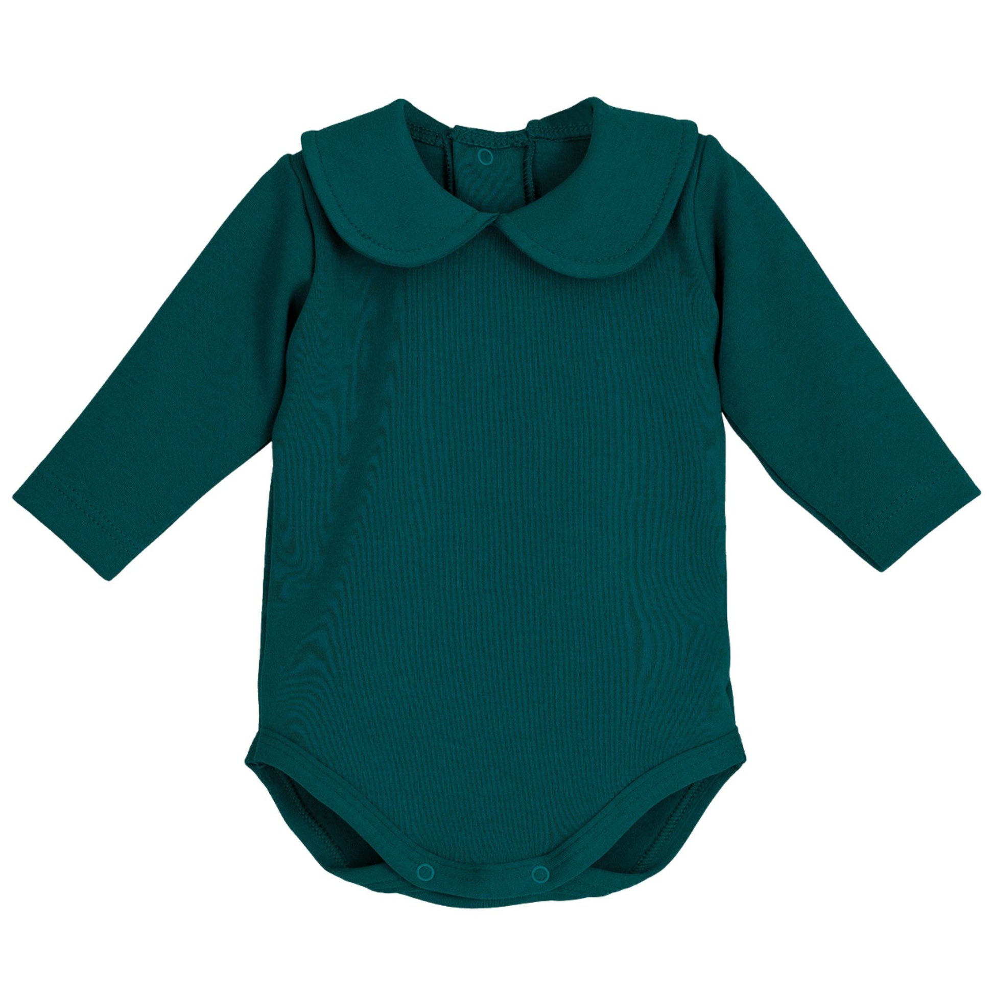 Green baby bodysuit with a collar on a white background