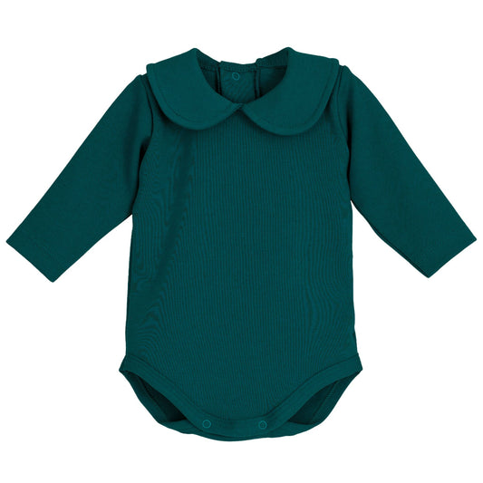 Green baby bodysuit with a collar on a white background