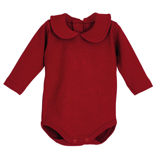 Red baby onesie with a collar on a white background