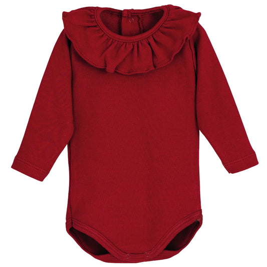 Calamaro Red Long Sleeve Bodysuit with Ruffle Collar