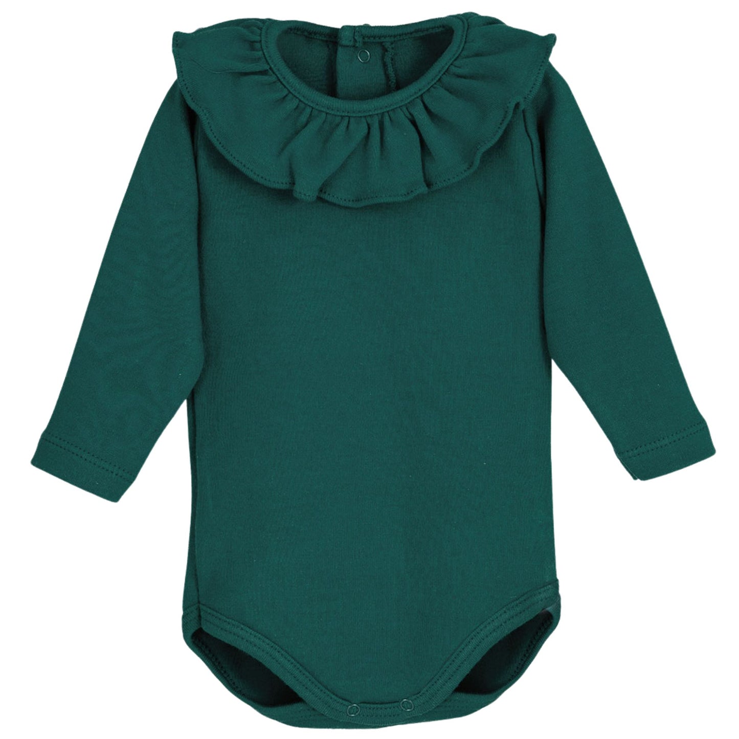 Green baby bodysuit with ruffled collar on a white background