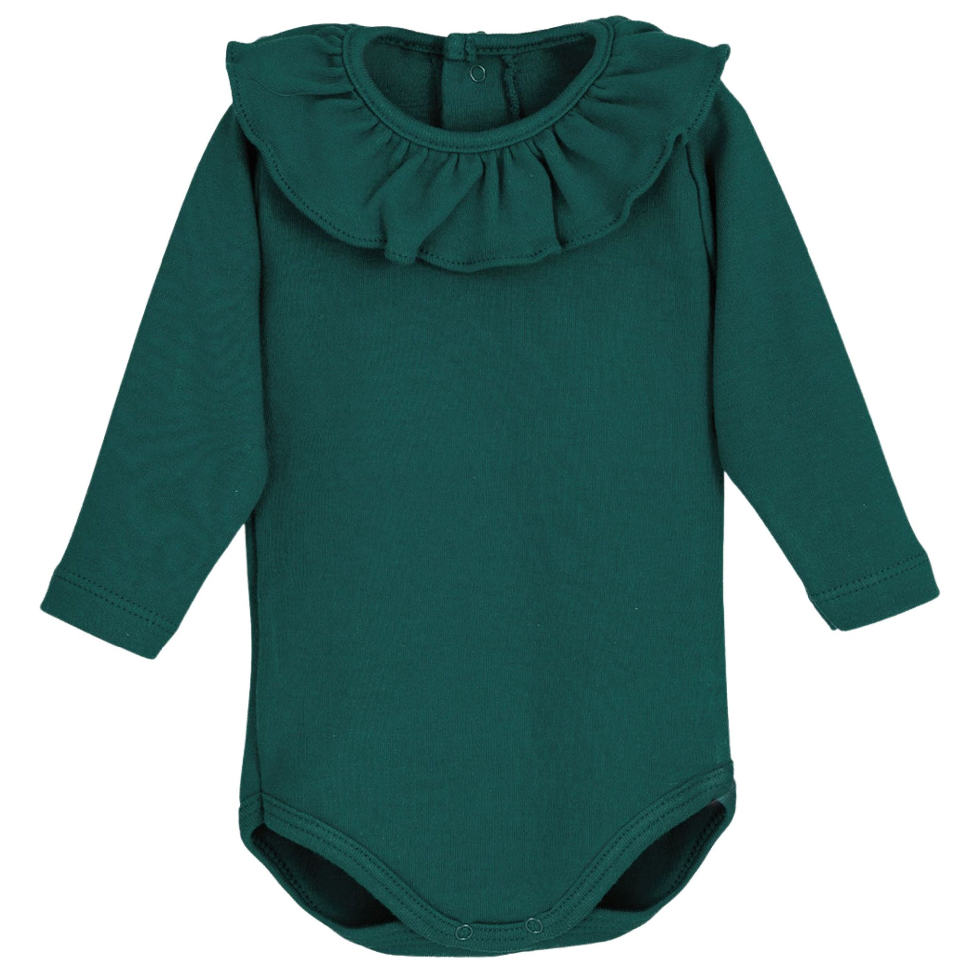 Green baby bodysuit with ruffled collar on a white background