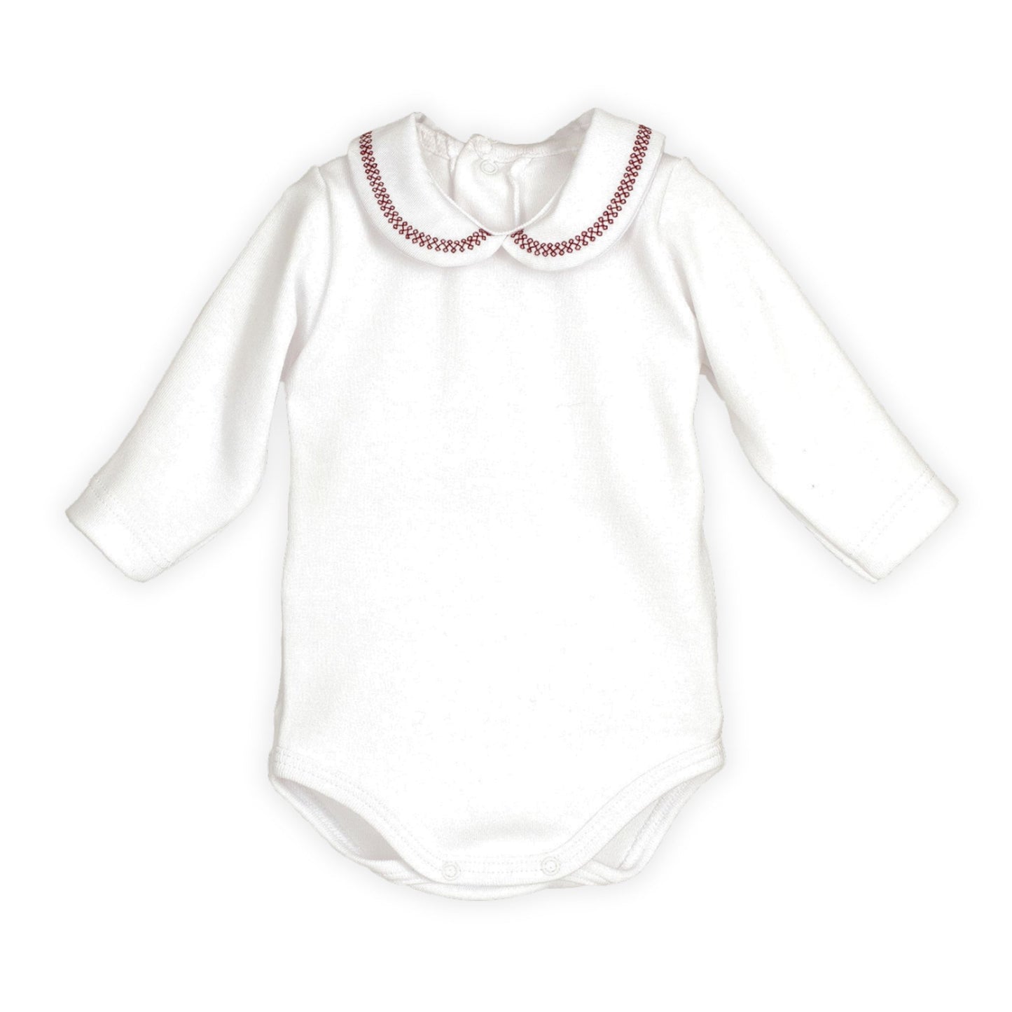 White baby bodysuit with embroidered collar on a white background