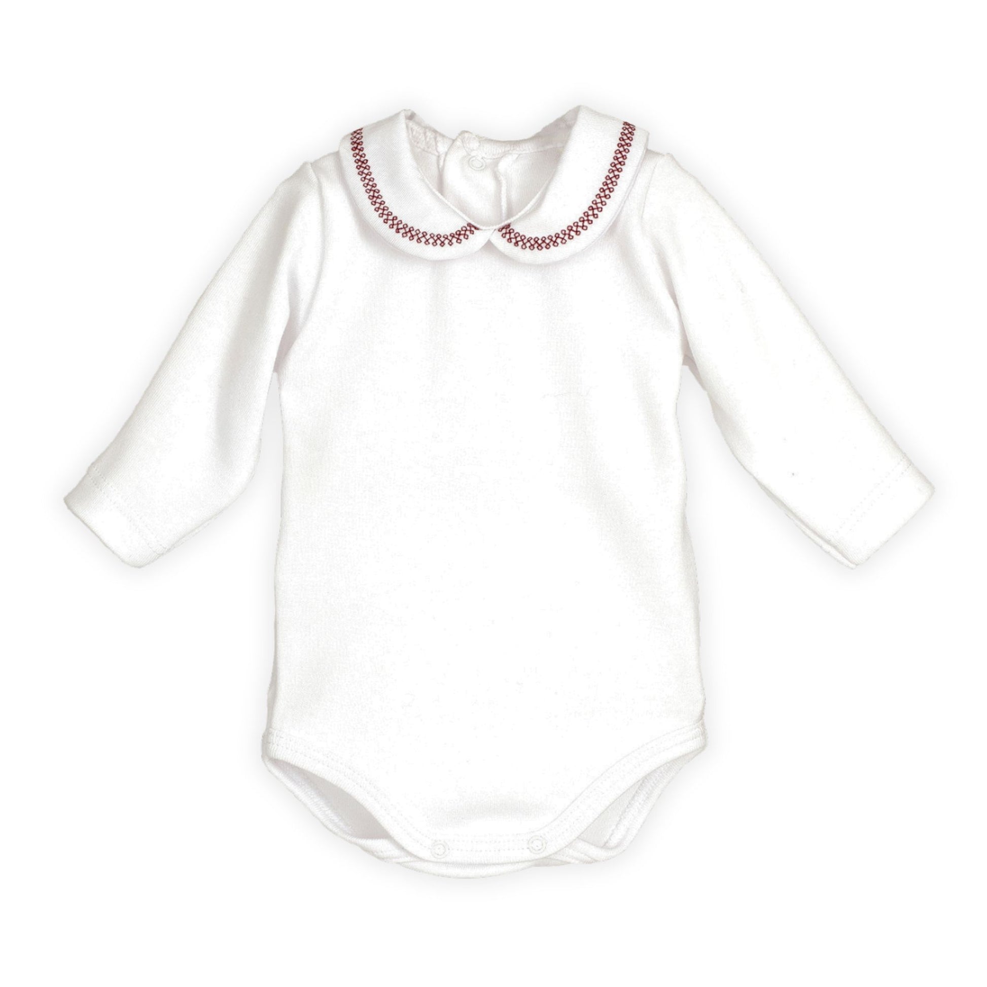 White baby bodysuit with embroidered collar on a white background