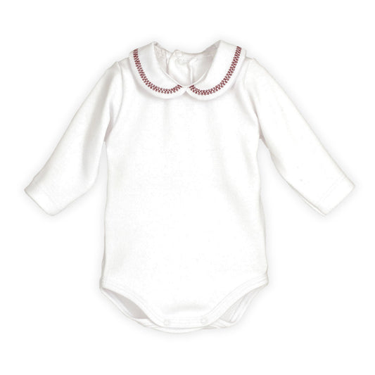 White baby bodysuit with embroidered collar on a white background