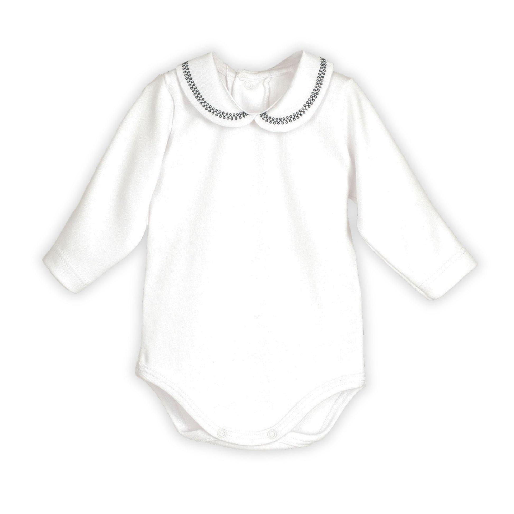 White baby bodysuit with long sleeves and decorative collar on a white background