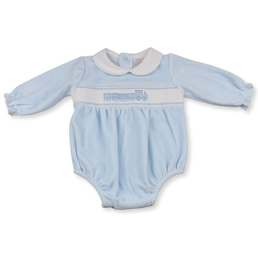 baby boys blue velour romper with train