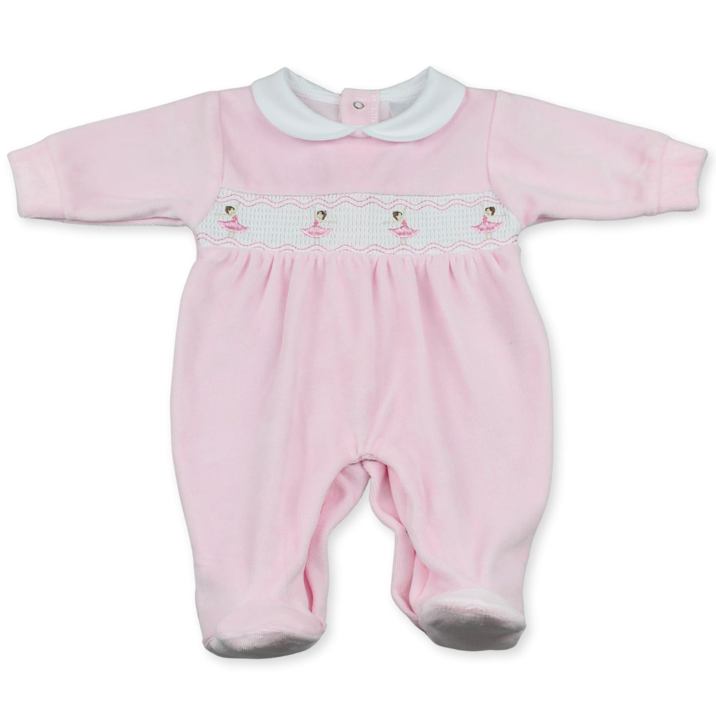 baby girl pink velour sleepsuit with embroidered ballerinas