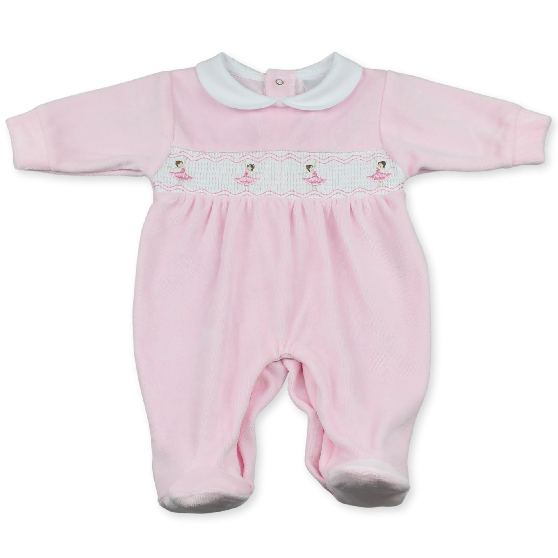 baby girl pink velour sleepsuit with embroidered ballerinas
