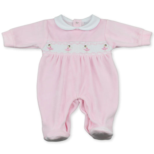 baby girl pink velour sleepsuit with embroidered ballerinas