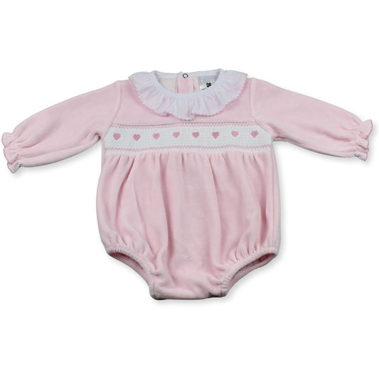 Kleo Kids Baby Girls Pink Velour Smocked Romper with Heart Embroidery