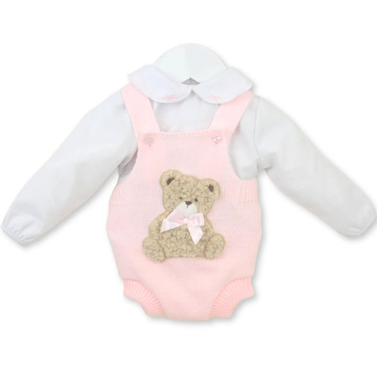 Baby outfit with pink romper featuring a teddy bear and long-sleeve shirt on a white background