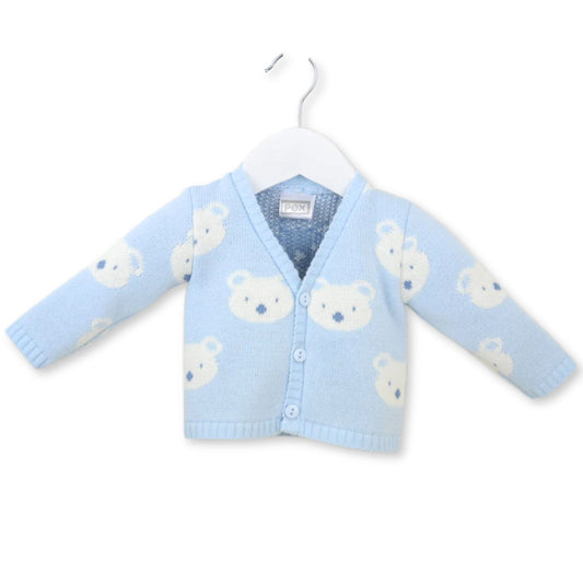 Blue baby cardigan with bear patterns on a white background