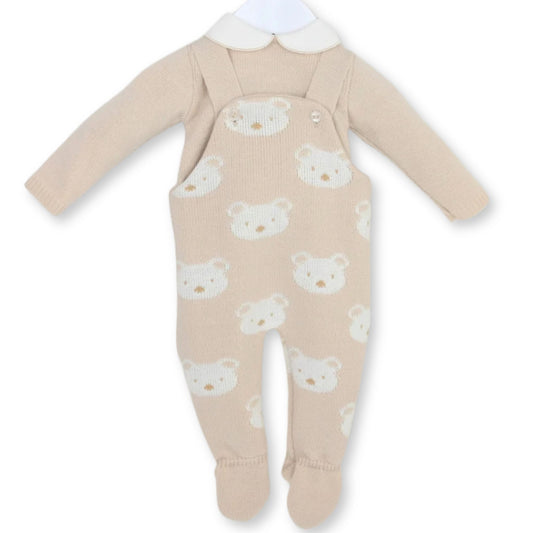 Beige baby romper with bear pattern on a white background