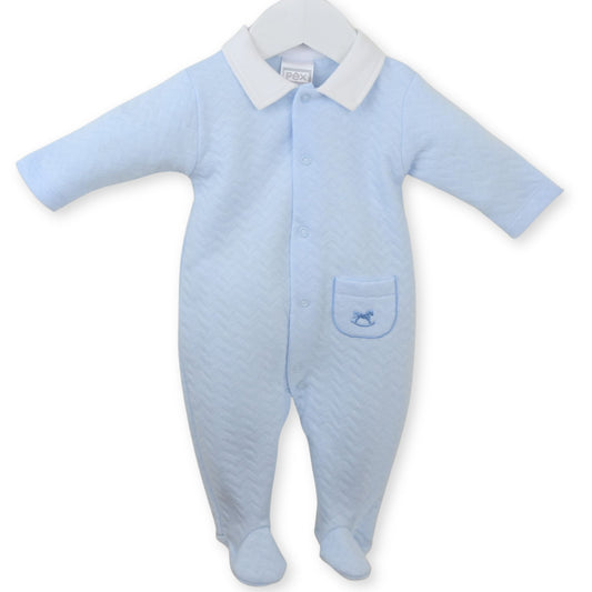 Light blue baby onesie with a collar on a white background