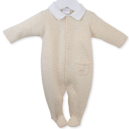 Beige baby onesie with a white collar on a white background