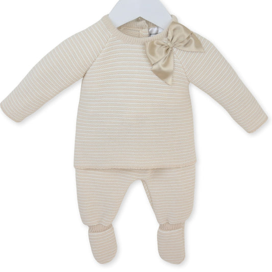 Pex Baby Beige Knitted 2 Piece Outfit with Bow (Newborn – 6 Months)