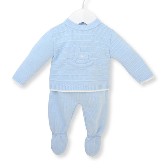 PEX baby boys blue knitted outfit with rocking horse motif jumper and matching footed trousers.