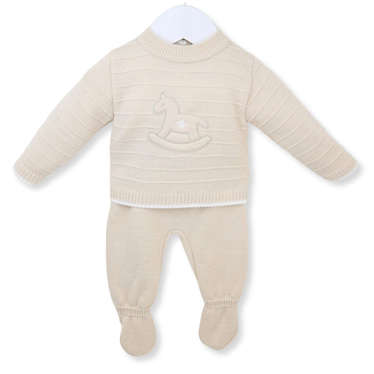 PEX baby beige knitted outfit with rocking horse motif jumper and matching footed trousers.