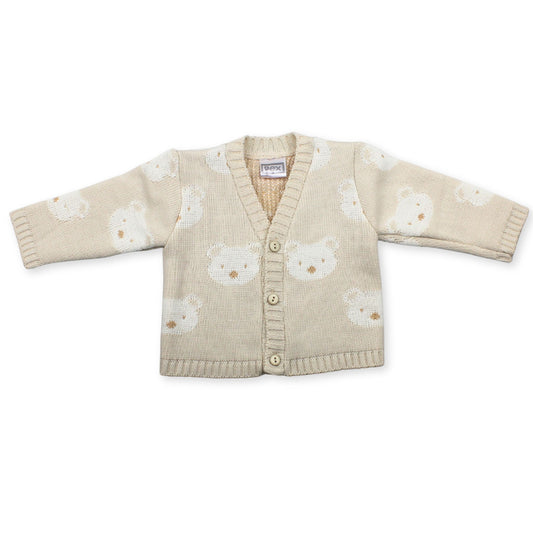 Beige baby cardigan with bear pattern on a white background