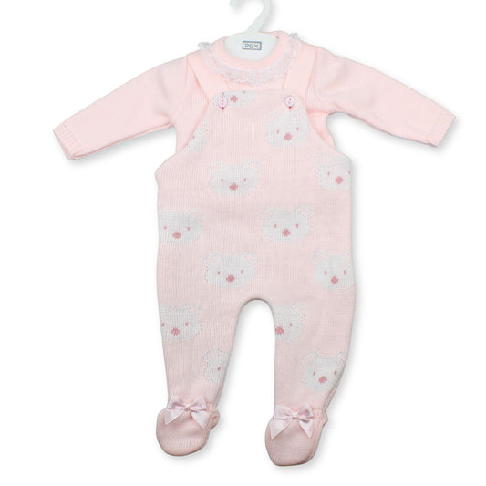 PEX Baby Girls Pink Knitted Teddy Dungaree & Top Set