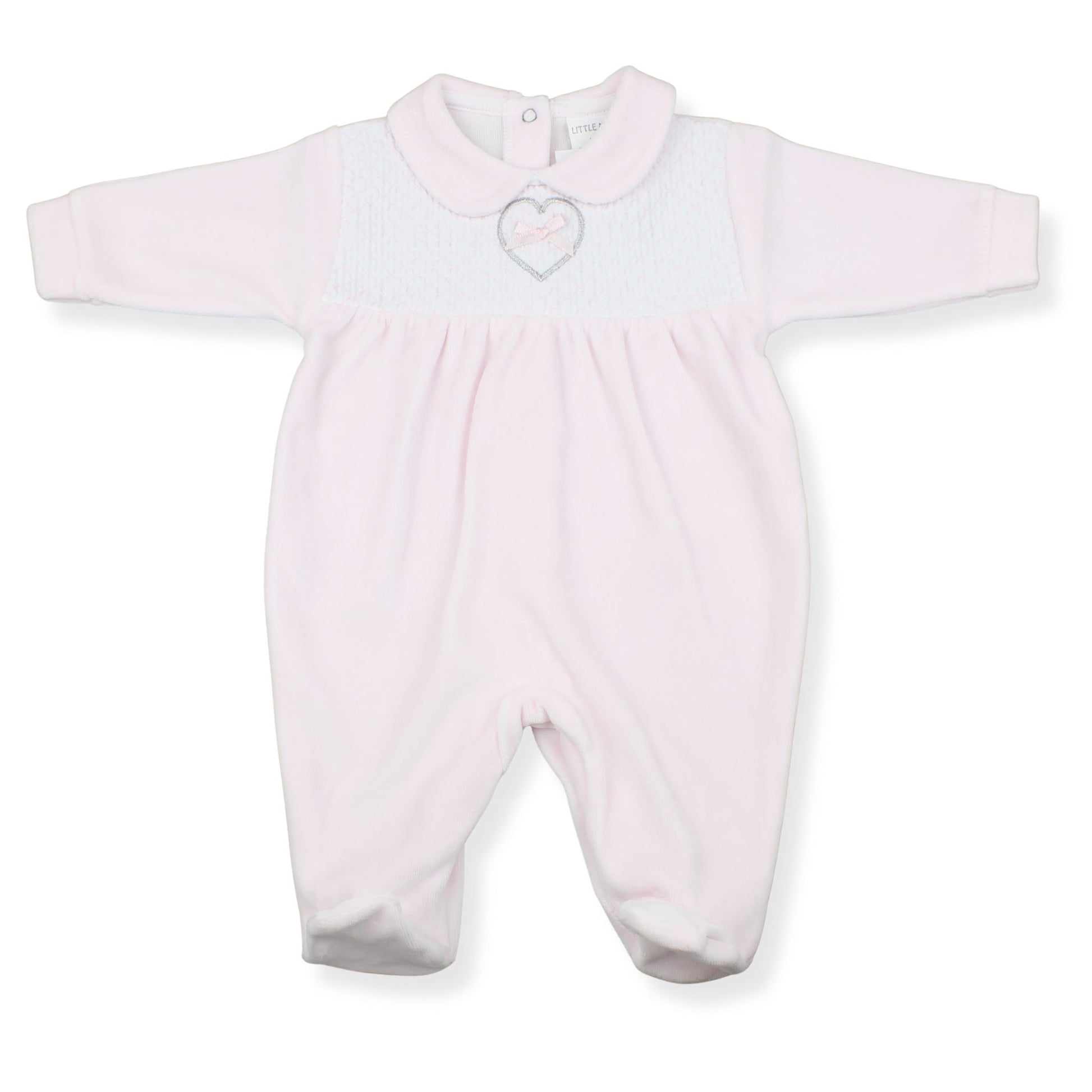 Pink baby onesie with a heart design on a white background