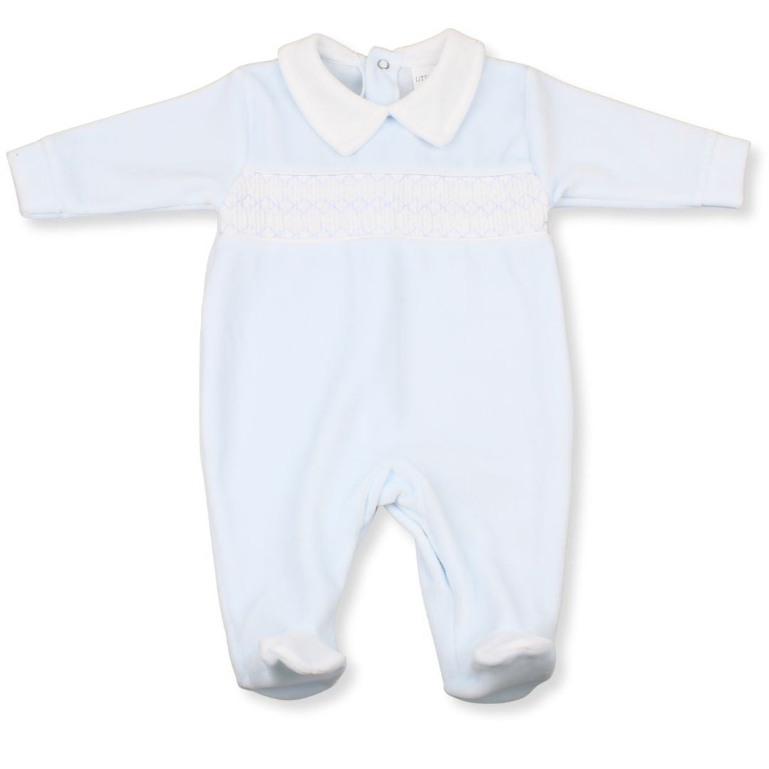 Little Nosh Baby Boys Blue Velour Sleepsuit with Smocking