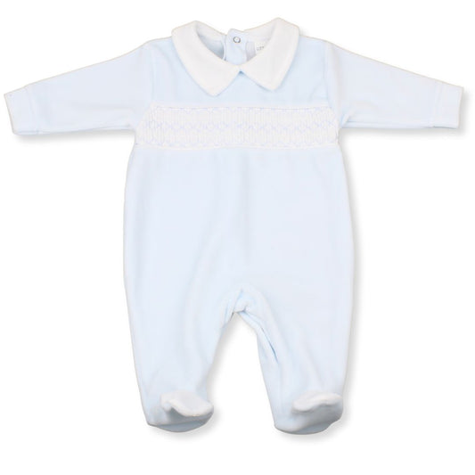 Little Nosh Baby Boys Blue Velour Sleepsuit with Smocking