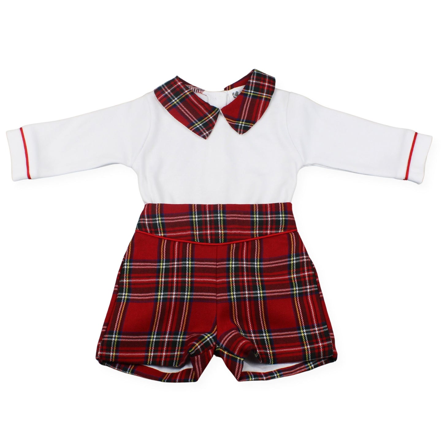 Red plaid outfit with white shirt on a white background