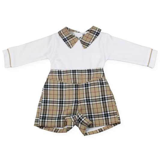 Baby outfit with white shirt, plaid collar, and matching shorts on a white background