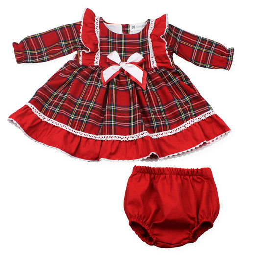Red plaid dress with a white bow and matching bloomers on a white background